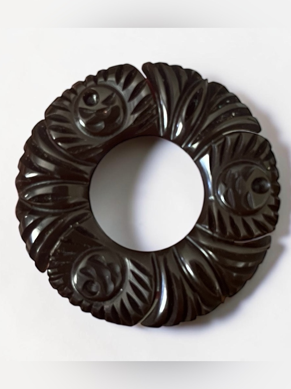 Antique Large Bakelite Brooch Intricately Carved Dark Chocolate Brown 2.25 inch